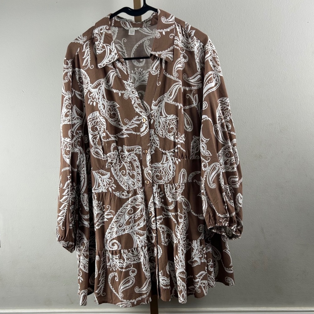 Cato Tiered Shirt Dress Womens 18/20W Brown Paisley Button Front Rayon Whimsy